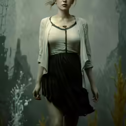 a beautiful young woman with a white shirt and black skirt