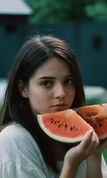 a woman holding a piece of watermelon in one hand and another slice of fruit on the other