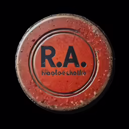 an orange and black circular label with red lettering