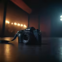 a camera sits on a table near a mirror