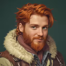 a man with red hair and beard wearing a brown jacket
