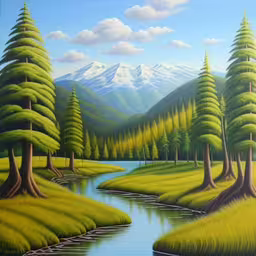 a painting of green scenery with mountains and trees,a painting of a green and grassy mountain meadow,this painting depicts a scenic landscape with tall pine trees and small stream in front of a mountain range,a painting of a river runs through an area,a painting with lots of green plants and a stream surrounded by trees