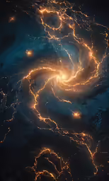 bright blue swirls are in the distance of a night sky