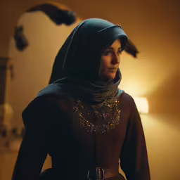 a woman wearing a dark suit and a hoodie
