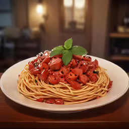 an elaborately decorated dish of pasta on a white plate