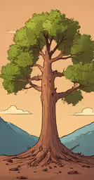 a cartoon tree stands alone in front of the mountains,a large tree is in the middle of a desert