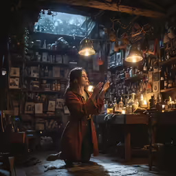 a woman sitting in front of candles, surrounded by jars and lights