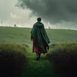 a person in a green cape walking along a lush green field