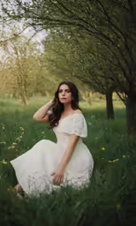 an attractive young woman sits in the grass