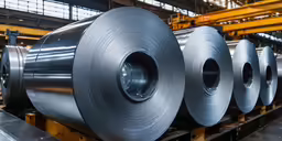 steel rolls lined up in a factory