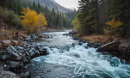a river is flowing among trees and rocks