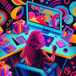 the art is colorful and has a woman at a computer