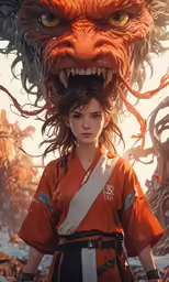 a girl in an orange outfit with a red head