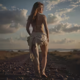 a beautiful woman walking across a dirt field near the ocean