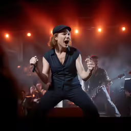 a woman in a dark outfit with a microphone