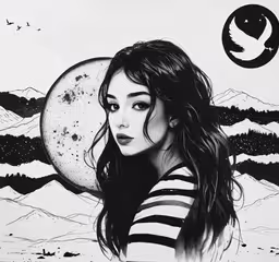 a black and white drawing of a woman with a half moon,a woman with long hair wearing striped shirt standing near mountain and full moon