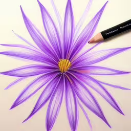 a pencil and the back side of a purple flower drawing,a pencil drawing of purple flower in center