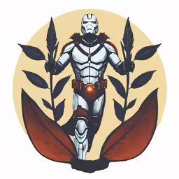 the hero in his costume is standing among the trees