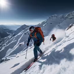 two men are skiing up a snowy mountain