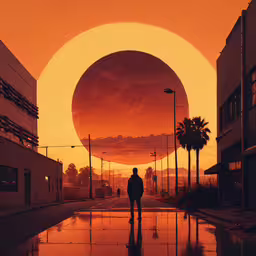 a man walks down a rain covered street in front of the sun,a man walking in the rain in the middle of a street