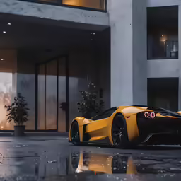 the rear view of a yellow sports car in a hotel lobby