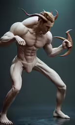 a photo of a nude statue posing with an object in his hand