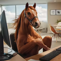 a horse with its head back on a computer desk