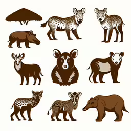 different types of animals with brown markings on their faces,various animals and wild animals on a white background