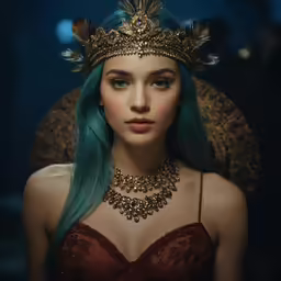 a woman with bright blue hair wears gold jewelry and a headpiece