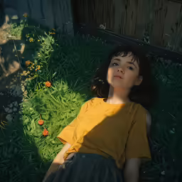a child is sitting in the grass with flowers