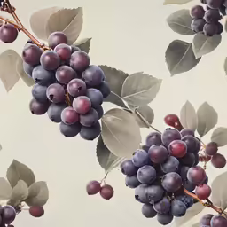 a closeup of grapes and green leaves against a white background
