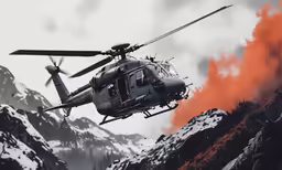 the helicopter is flying low over the mountains