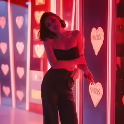 a woman wearing high waist pants, holding onto some kind of stickers