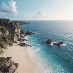 an aerial shot of the ocean with rocks in the sand and water