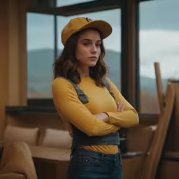 a beautiful woman standing by a window wearing a yellow shirt and blue jeans