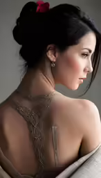 a woman with an ornate back piece and flower in her hair