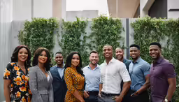 a group of people standing together outside of a building