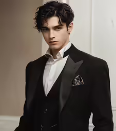 man in tuxedo standing up for a portrait