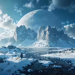 there is a man standing near a snow covered mountain