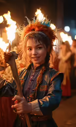 a girl holding onto some kind of wooden stick