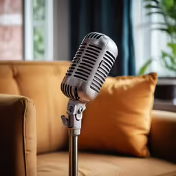 a silver microphone stands on a sofa near a brown couch