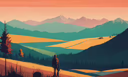 a man standing on top of a hill looking over a valley,a man standing on top of a hill looking at a forest