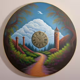 a round painting on the wall of a path and clock with clouds,a clock that is next to a tree on a wall,a clock on the wall with a painting in the background,this is an image of a clock with trees and hills,a clock on a wall on the side of a house