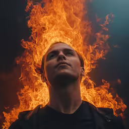 the man is staring up at the flames in the background