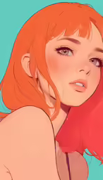 a female in a red shirt and a blue background