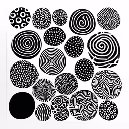 abstractally designed artwork with many circles and dots,a painting with circles and black circles