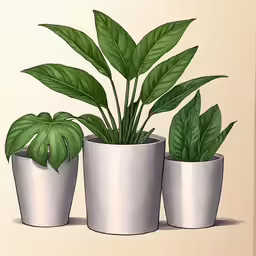 three potted plants in front of a wall