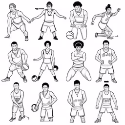 black and white graphic illustrations of basketball players,an illustrated book with an image of men and women playing basketball,an illustration showing various poses of different basketball players,different kinds of basketball players in various poses,illustrated basketball players in various poses to the side