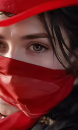 a woman with an orange scarf around her face