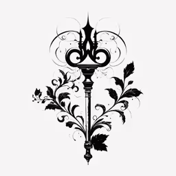 an old key that has some flowers on it,an ornately designed lamp post with vines and leaves